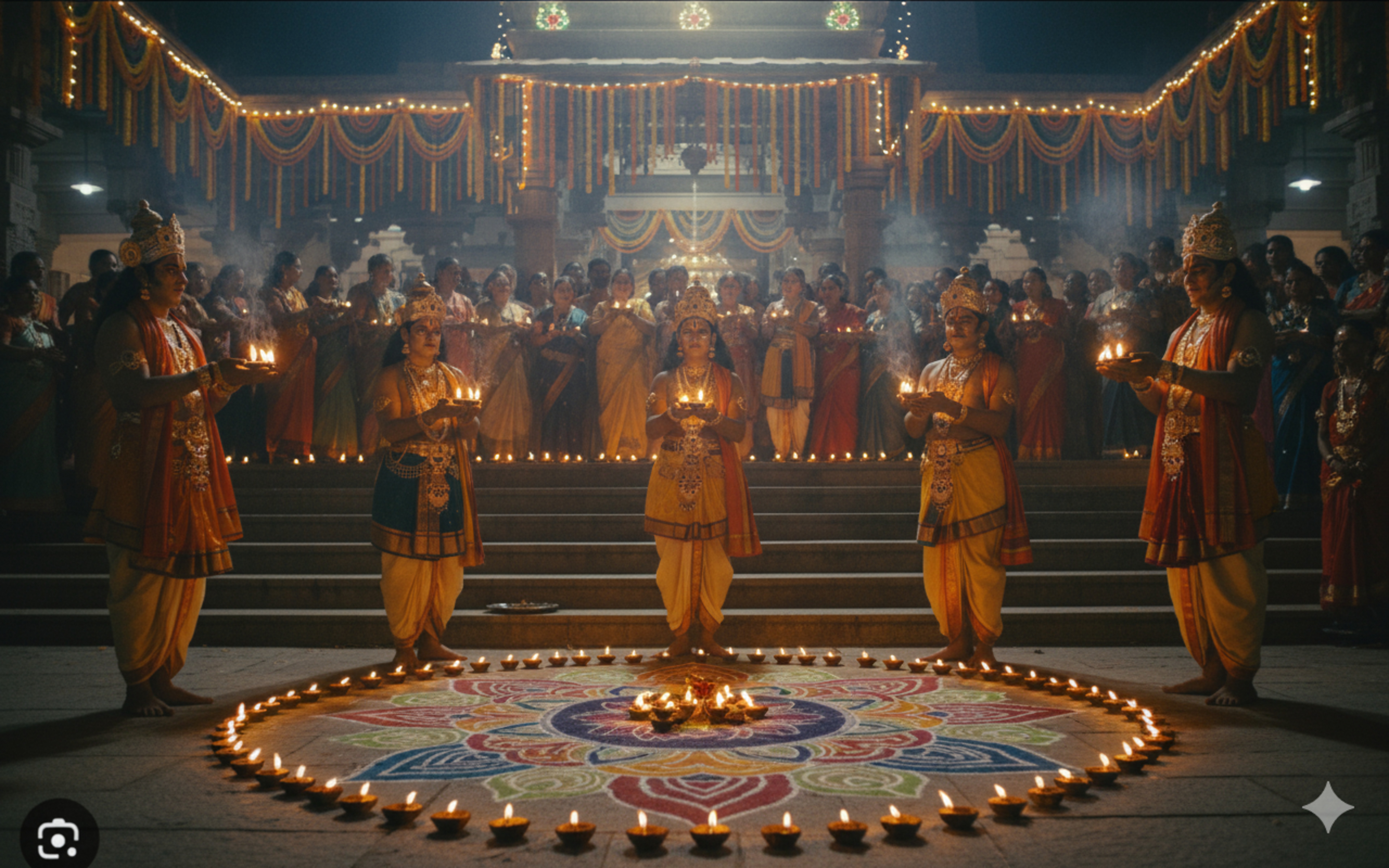 A lit Panchagavya lamp during a puja ceremony, with offerings around it.