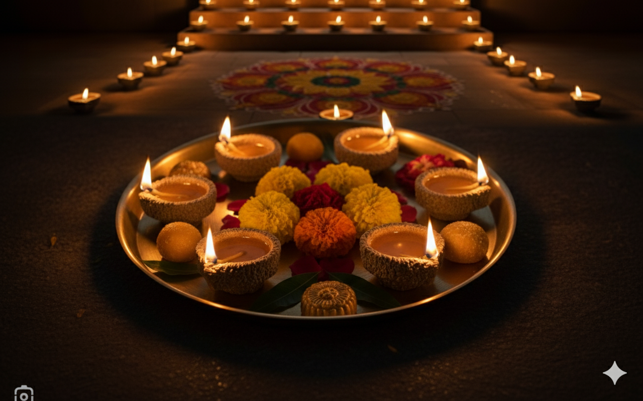 A beautifully lit Panchagavya Vilakku in a serene, spiritual setting.