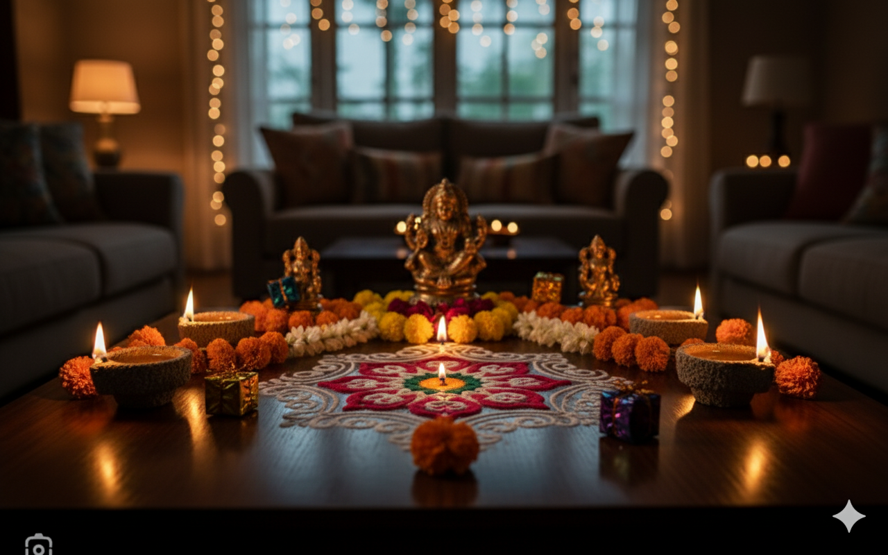 A glowing Panchagavya lamp in the dark, creating a peaceful ambiance.