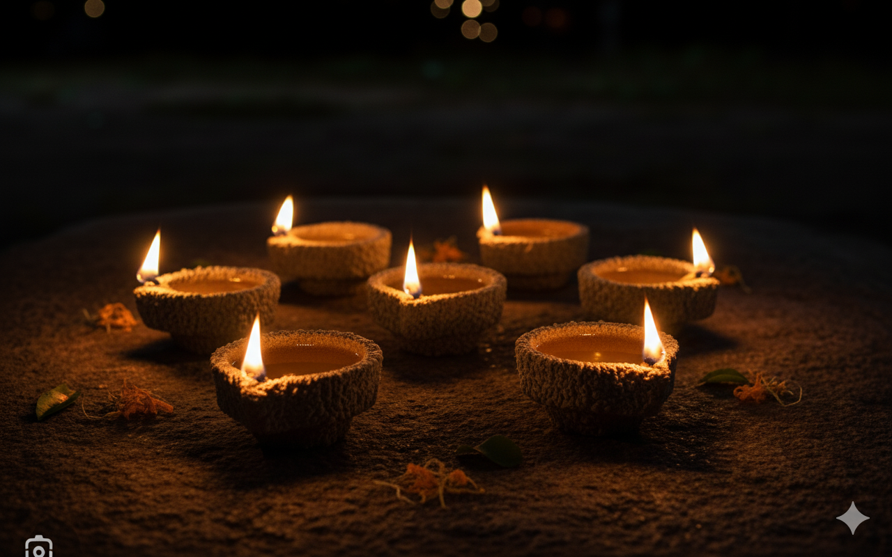 Hands holding a lit Panchagavya lamp during a ceremony.