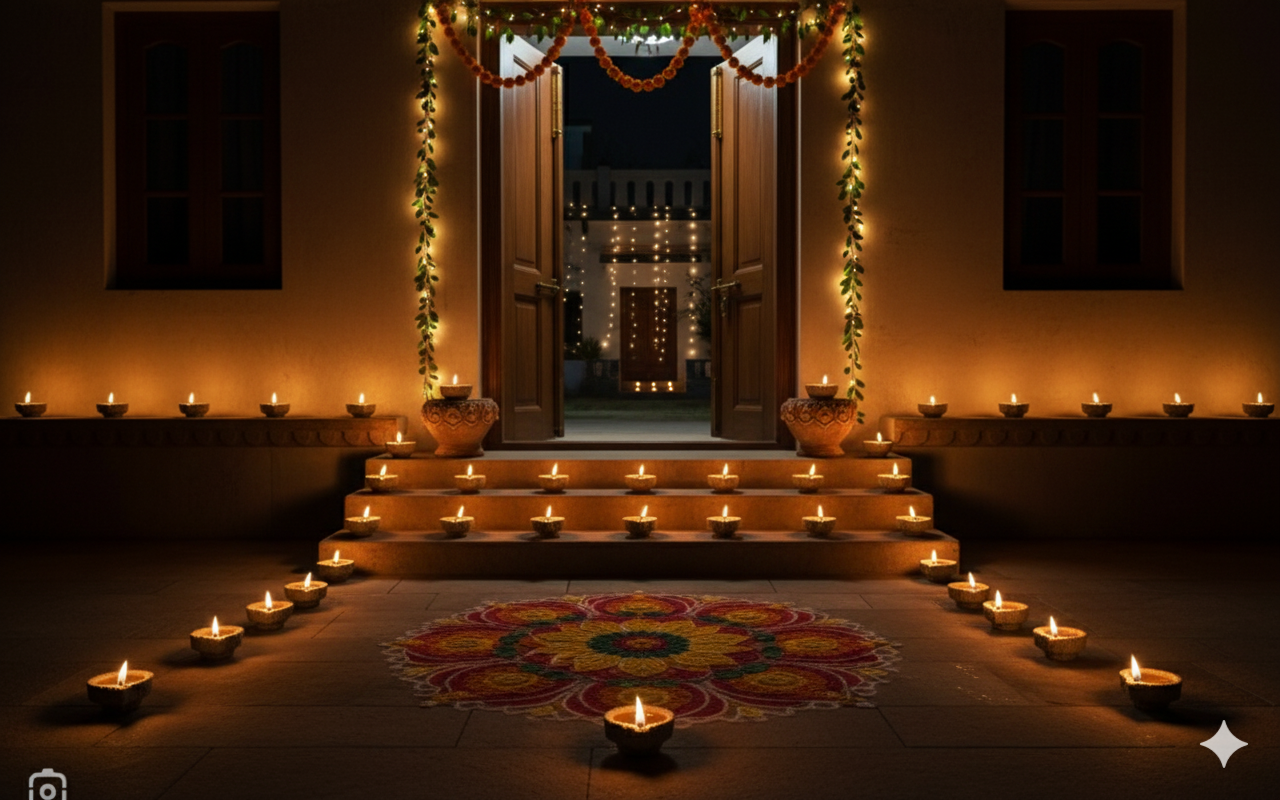 Multiple Panchagavya lamps lit together, illuminating a room.